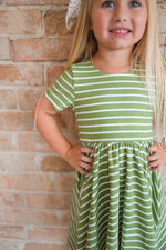 Load image into Gallery viewer, Classic Twirl Dress in Asparagus Stripe

