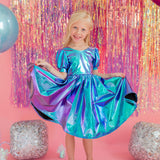Puff Dress in Aqua Lamè
