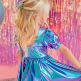 Puff Dress in Aqua Lamè