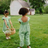 Ruffle Pant Romper in Green Daisy