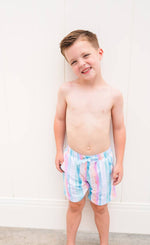 Load image into Gallery viewer, Boy Swim Shorts in Watercolor Stripe
